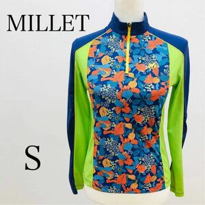 【新品タグ付】ミレー　ハーフジップ 長袖 シャツ ハイネック MILLET デザイン柄　花柄　ビビットグリーン　アウトドア　スポーツ