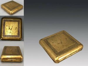 R0793 銅鍍金四方香合 古銅製 回字文 香道具 茶道具 蓋物 小物入れ 時代物 重69g