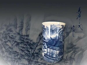 R0969A2 direct .. blue and white ceramics landscape scenery person map vase ornament super large size era thing Zaimei 