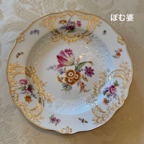 【古マイセン】金彩 花絵皿 プレート「ノイマルセイユ/フラワーブーケと昆虫」
