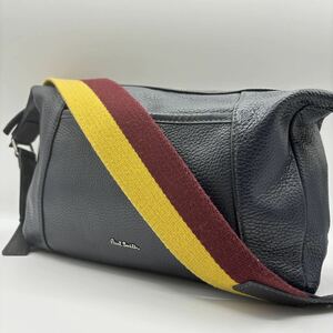 1円【極美品】Paul Smith ポールスミス ショルダーバッグ ボディバッグ ストライプ レザー 本革 シボ革 黒 斜め掛け◎ メンズ ロゴ 金具