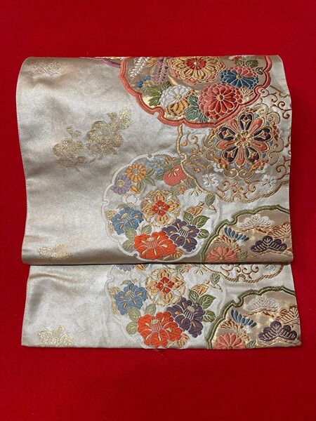 正絹 六通袋帯 豪華な花模様 金銀糸
