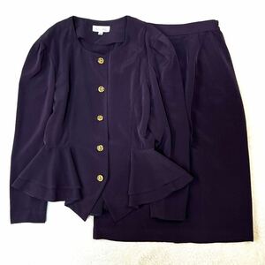 Ladies Fashion vintage スカートスーツ セットアップ 金ボタン レトロ ヴィンテージ パープル ノーカラージャケット フリル 7号 S〜M相当