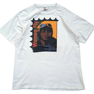 90s ONEITA Bessie Coleman WOMAN FLY 自画像 アート ビンテージ Tシャツ L シングルステッチ 黒人 偉人 歴史 ヴィンテージ オニータ 白