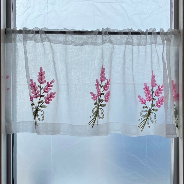 ラベンダー ピンク カフェカーテン 1枚 幅100×丈40 のれん 小窓 刺繍
