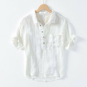 リネンシャツ 半袖 メンズ トップス カジュアルシャツ 開襟シャツ ストライプ柄 麻100% カプリシャツ 夏服 父の日 ホワイト XL