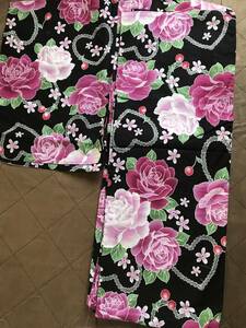  yukata size free black ground . rose. floral print new goods 