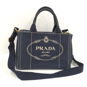 【中古】PRADA カナパ 2wayトートバッグ キャンバス ネイビー ショルダー付き 1BG439