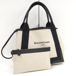 【中古】BALENCIAGA ネイビーカバス トートバッグ ポーチ付き キャンバス ホワイト ブラック 339933