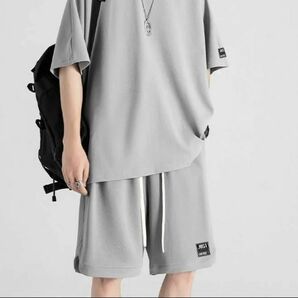 【2点セット】XL　グレー　メンズ　半袖Tシャツ　ハーフパンツ　ワッフル素材