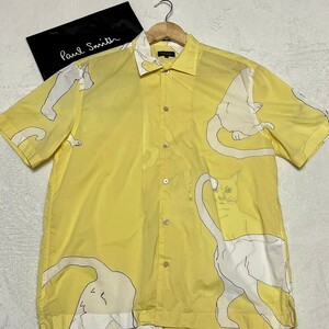 美品/Mサイズ●Paul Smith【粋なのお洒落】ポールスミスコレクション アニマル ネコ 猫 CAT Tシャツ 半袖 総柄 コットン イエロー 春夏