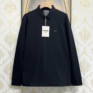 上級EU製＆定価4万◆UABONI*Paris*ポロシャツ*ユアボニ*パリ発◆上品 ソフト 伸縮性 清涼 総柄 長袖 プルオーバー ビジネス ゴルフ 紳士 XL