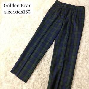 【キッズ150㎝】Golden Bear チェック柄パンツ スラックス ポリ混紡ウール ダークグリーン 深緑 ゴールデンベアー メンズXSサイズ