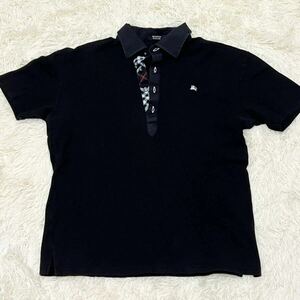 バーバリーブラックレーベル BURBERRY BLACK LABEL ポロシャツ　半袖　黒　チェック　ノバチェック　刺繍ロゴ　ホースロゴ　サイズ3（L）