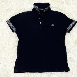 バーバリーブラックレーベル BURBERRY BLACK LABEL ポロシャツ　半袖　黒　チェック　ノバチェック　刺繍ロゴ　ホースロゴ　サイズ2（M）