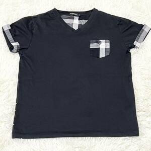 ブラックレーベル クレストブリッジ　BLACK LABEL CRESTBRIDGE Tシャツ 半袖　袖チェック　チェックポケット　Bロゴ　黒　Vネック　2サイズ