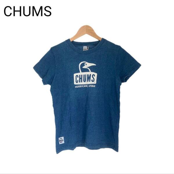 CHUMS　Tシャツ　デニム生地　ロゴ　プリント　ブルー　Mサイズ