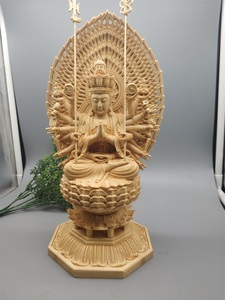 木彫仏像 千手観音 仏教美術 木造千手観音 蓮華丸台座 総高28cm