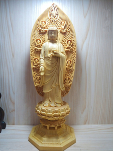木彫仏像 阿彌陀佛 仏教美術 木造阿弥陀如来立像 蓮華丸台座 総高43cm