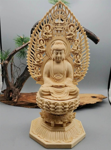 木彫仏像 釈迦如来 仏教美術 木造釈迦如来坐像 蓮華丸台座 総高28cm