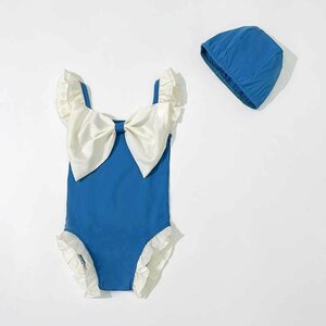  child pretty swimsuit school swimsuit girl Kids One-piece swimsuit ribbon .. frill stylish Leotard sea blue hot spring pool 120cm