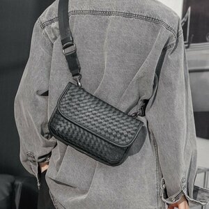 斜め掛けバッグ 丈夫なPU革 鞄 かばん メンズ 編み込み ショルダーバッグ 30代 40代 50代 大人 ファッション ブラック 黒