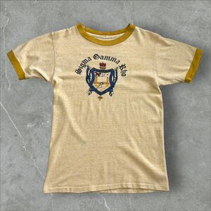 【Vintage】 60s 70s カレッジ フロッキー 染み込み プリント リンガー Tシャツ USA ヴィンテージ 60年代 70年代 SIGMA GAMMA RHO 半袖