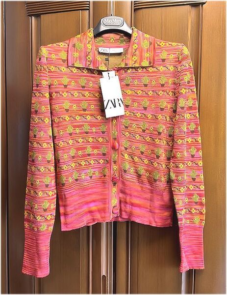 最終価格★ZARA ザラ★ヒマワリとサボテンのモチーフ・編込みニット・カーディガン・ジャケット・ピンク系・Mサイズ★未使用