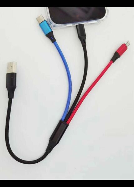 一本3役 充電ケーブル 3in1 usb 0.3m 充電コード マイクロ/タイプc 同時給電可能 2.8A急速充電 