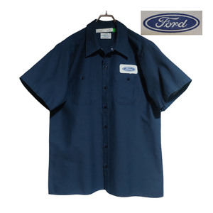 USA製 worklassics 半袖ワークシャツ size L ネイビー ゆうパケットポスト可 胸 ワッペン Ford 古着 洗濯 プレス済 g42