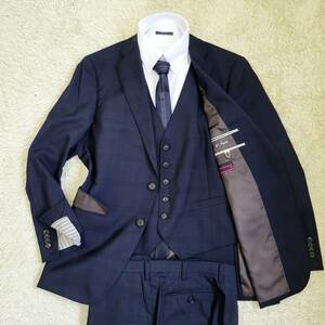  Mr. Jun ko[3 piece ]Mr.JUNKO suit setup tailored jacket summer wool check stretch navy book@ cut feather LL rank 
