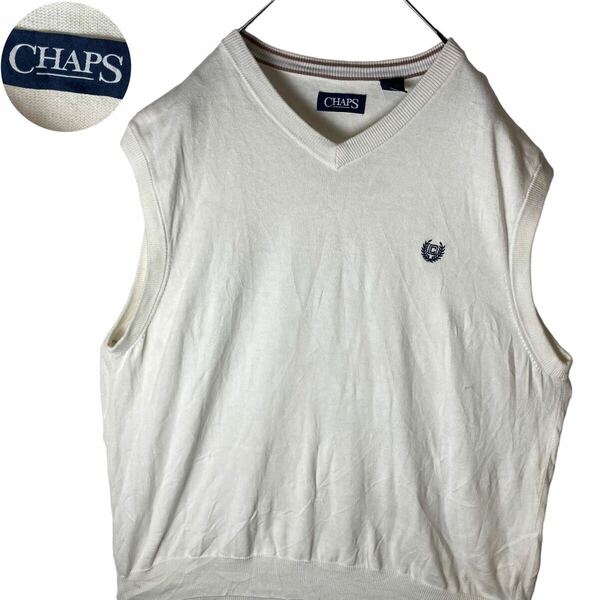 CHAPS エンブレム刺繍ロゴ ホワイトコットンベスト 古着 XLゆったりサイズ