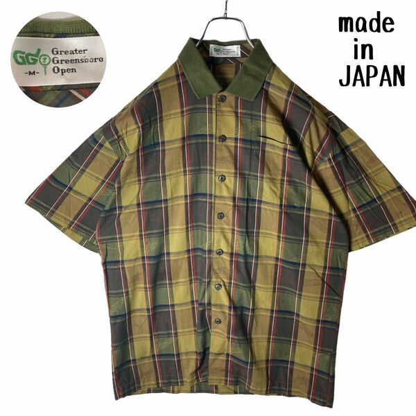 日本製 グリーンチェック×ゴルフ総柄 半袖クレリックシャツ 古着 ゆったりサイズ