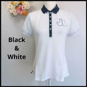 ☆ネコ柄☆ Black＆White ブラック&ホワイト 半袖 ポロシャツ ゴルフウエア ワッフル 涼しい ラインストーン 白 ホワイト かわいい