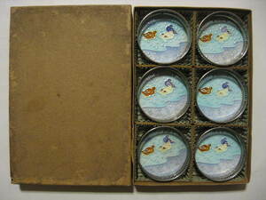 * Taisho ~ Showa первый установленная дата книга@ плитка промышленность производства [ вода птица рисунок фарфор Coaster ]6 шт. комплект изначальный в коробке мир стекло majo LUKA посуда обжиг в печи печать *