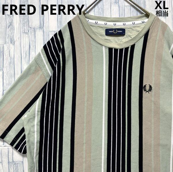 FRED PERRY フレッドペリー 半袖 Tシャツ M ストライプ ポロシャツ生地 鹿の子 くすみグリーン ワンポイントロゴ シンプルロゴ 刺繍ロゴ