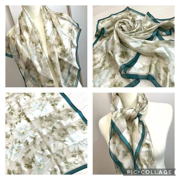 スカーフ ストール ショール シルクスカーフ　シルク100% 花柄　透け感あり　大判スカーフ　日本製