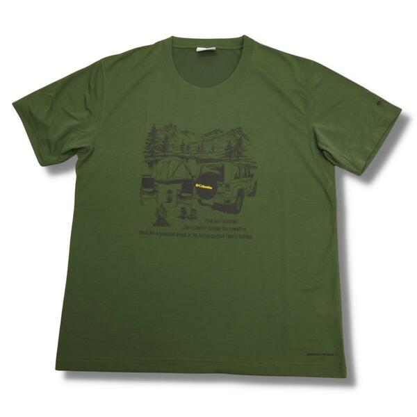 即決☆コロンビア キャンプ 半袖Tシャツ KHK/Mサイズ オートキャンプ グラフィク ゆったり 身幅広め リラックス 緑 グリーン カーキ