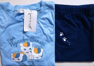 夏目友人帳 ニャンコ先生 Tシャツ ハーフパンツ セットアップ ルームウェア ブルー レディース Lサイズ