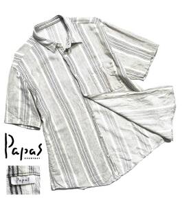 最高級【定価3万】Papas パパス リネン 半袖シャツ L (50) メンズ ロゴ ストライプ【着心地抜群の一枚】麻 綿 送料370円 日本製