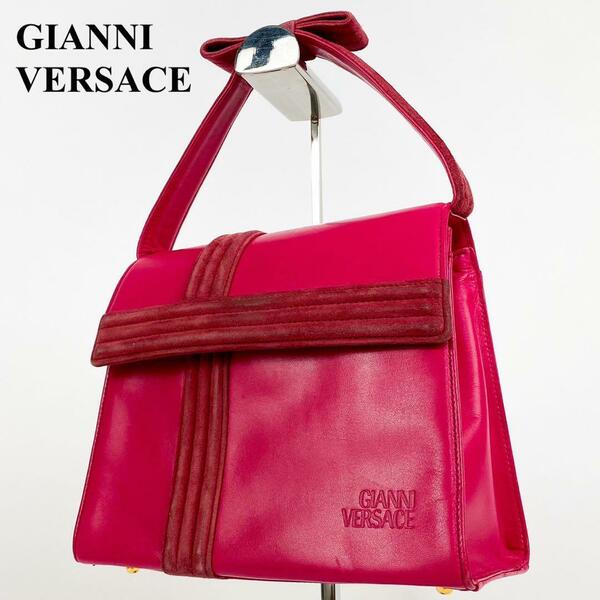 【美品】Gianni Versace ジャンニ・ヴェルサーチ ヴィンテージ リボン ワンハンドル ハンドバッグ スエード/レザー ピンク レディース