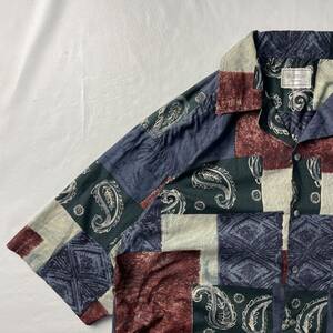 US Vintage BURTON コットン100% 開襟 オープンカラー ペイズリー 民族 エスニック パッチワーク風 総柄 デザインシャツ 