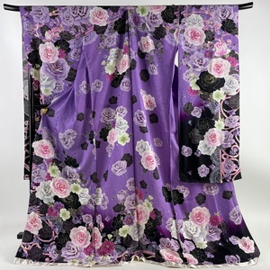  long-sleeved kimono length 178.5cm sleeve length 75cm simplified temporary . feather rose . flower silver through . lame . purple silk beautiful goods excellent article [ used ]