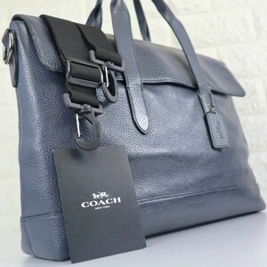 COACH Coach 62-07 men's tote bag business 2way Logo stamp navy blue color wrinkle leather charm A4ok personal computer storage possible document shoulder .. flap 