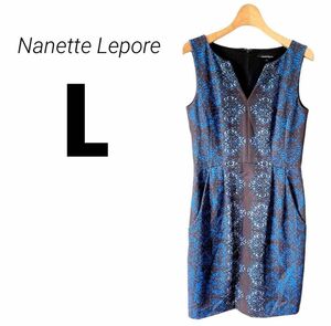 【 極美品 】 ナネットレポー ドレス ワンピース 上品 綺麗 ブルー L ノースリーブ ブラック ひざ丈 