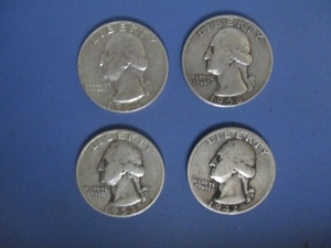 #3347 アメリカ 25セント銀貨 4枚 1964年、1958年、1953年、1942年