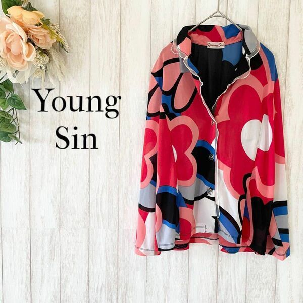 【Young Sin】総柄 花柄 ブラウス/フリル襟 シャツ/個性的 派手 奇抜 長袖シャツ 一点物 vintage ヴィンテージ