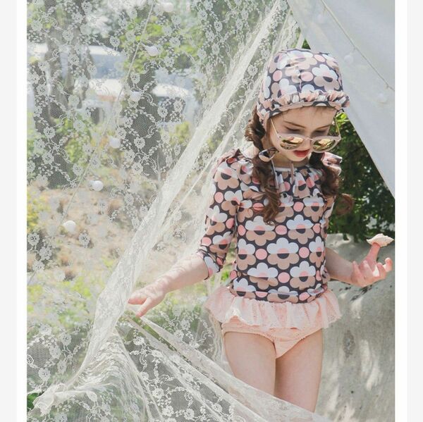新品120㌢セパレート水着　帽子付■女の子供キッズピンク花柄プールスカート海水遊び可愛い保育幼稚園ワンピ風　ラッシュガード　130