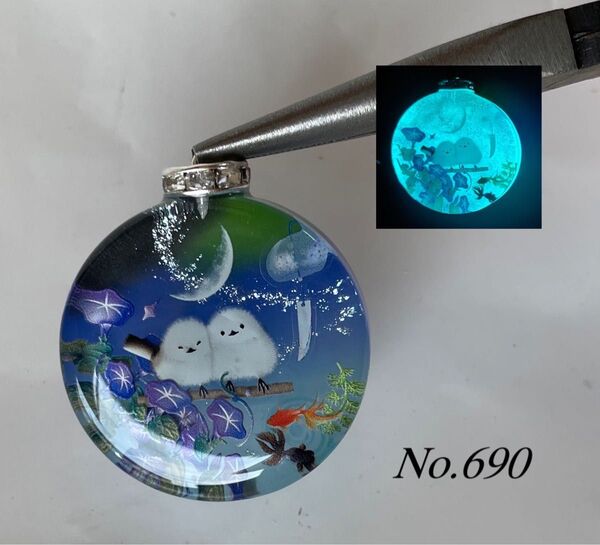 展示用/レジン/夏の夜のシマエナガ 朝顔 風鈴 蓄光 オルゴナイトネックレス