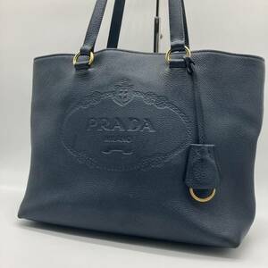 A4 希少　PRADA トートバッグ ビジネスバッグ　ロゴ型押し　肩掛け　ワンショルダーバッグ　ネイビー　オールレザー　ヴィッテロ　プラダ